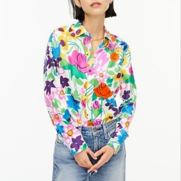 J. Crew Tops - J. Crew Collection Silk Bright Colorful Floral Button Down Blouse